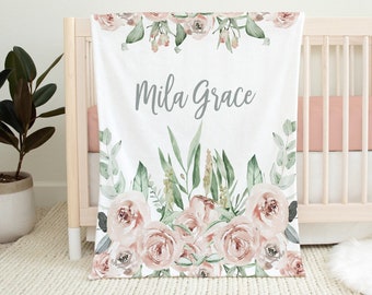 Personalized Soft Floral Boho Baby Girl Name Blanket, Custom baby shower gift