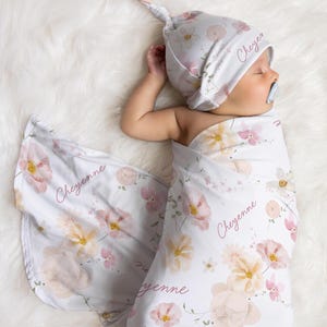Wildflowers Personalized Swaddle Blanket and Headband, Pink and cream, Newborn Girl Gift, Hospital outfit
