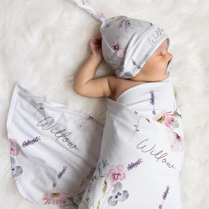 Pretty Wildflower Personalized Swaddle Blanket and Headband, Newborn Girl Gift, Hospital outfit