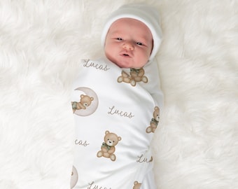 Teddy Bear Personalized Baby  Name Blanket, Custom Boys Coming Home Gift