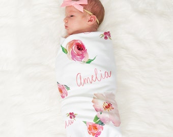 Personalized Baby Girl Name Blanket, Floral watercolor print coral(BB115)