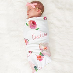 Personalized Baby Girl Name Blanket, Floral watercolor print coralBB115 image 1