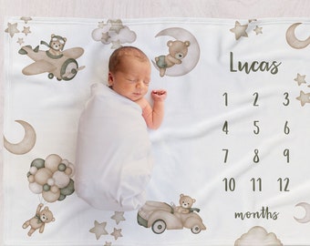 Personalized Teddy Bear monthly milestone baby boy blanket