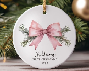 Baby Girl's First Christmas Ornament Personalized 2024 | Pink Bow