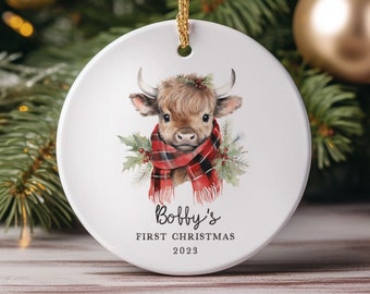 Baby's First Christmas Ornament Personalized 2025 | Farmhouse Highland Cow