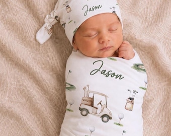 Personalized Golf Baby Swaddle & Hat Set, Newborn Hospital Outfit, Coming Home Baby Gift
