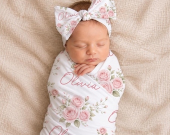 Personalized Pink Rose Baby Swaddle & Headband Set, Floral Newborn Coming Home Outfit, Hospital Photo Prop