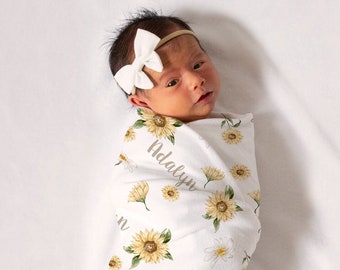 Sunflowers and Daisies Personalized Baby Girl Blanket, Custom Name Coming Home Gift