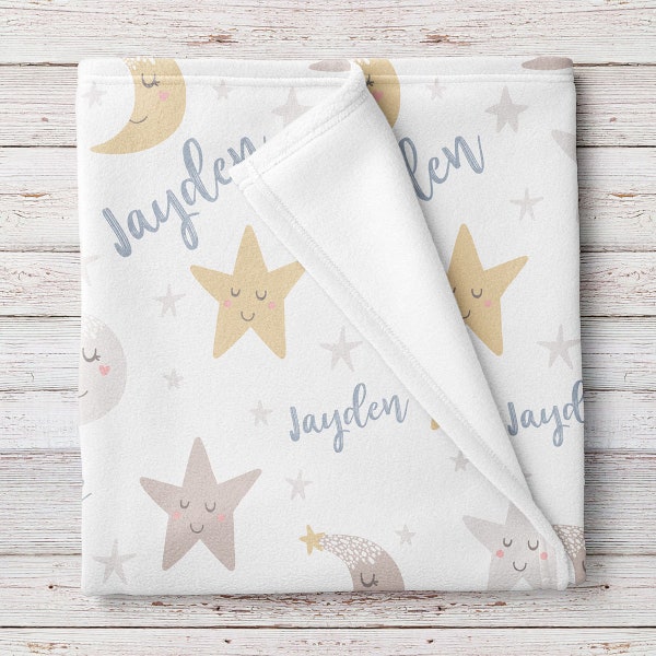 Personalized Stars and Moon Fleece Baby Boy Blanket (BB302)