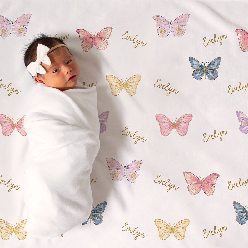 Personalized Rainbow Butterflies Baby Girl Name Blanket Etsy