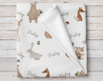 Unisex Woodland Animals Personalized Baby Name Blanket, Custom Boho Baby Girl Shower Gift, Custom Baby Boy Shower Gift