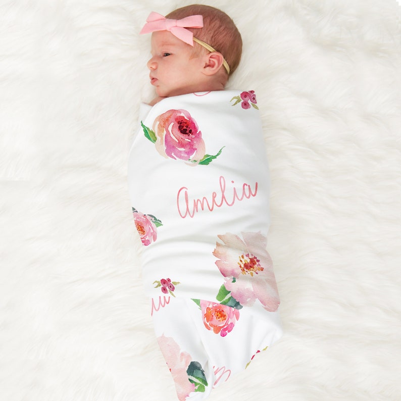 Personalized Baby Girl Name Blanket, Floral watercolor print coral(BB115) 
