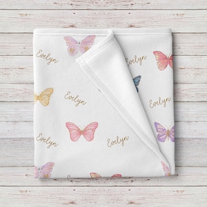 Personalized Rainbow Butterflies Baby Girl Name Blanket, Custom Baby Shower Gift