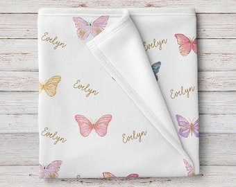 Personalized Rainbow Butterflies Baby Girl Name Blanket, Custom Baby Shower Gift