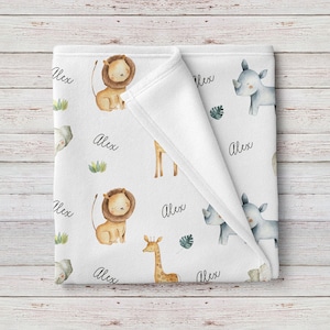 Personalized Safari Animals Baby Name Blanket, Custom Baby Boy Shower Gift, Custom Baby Girl Shower Gift image 1