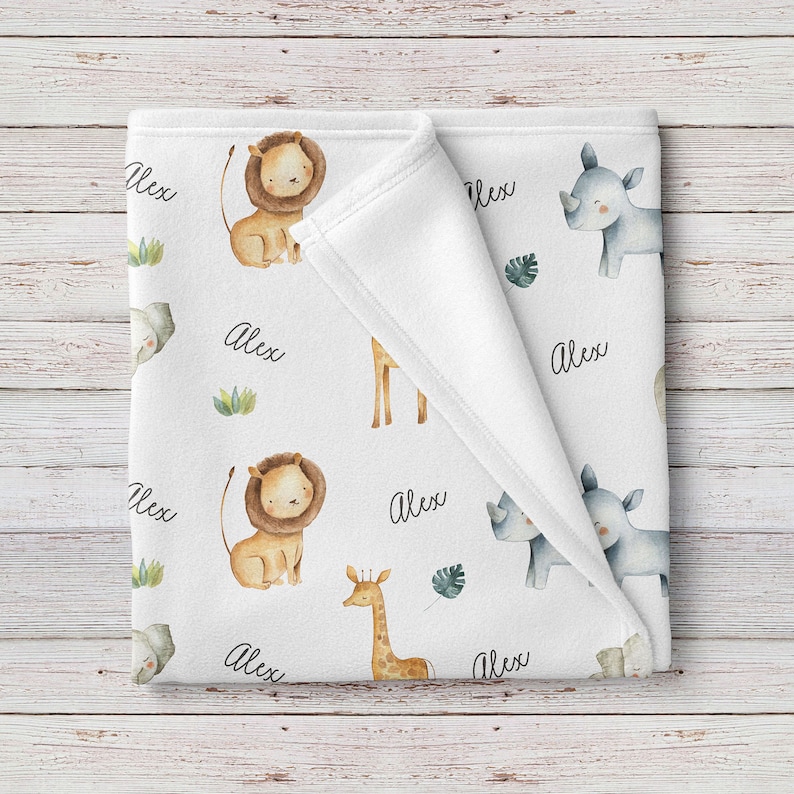 Personalized Safari Animals Baby Name Blanket, Custom Baby Boy Shower Gift, Custom Baby Girl Shower Gift image 1