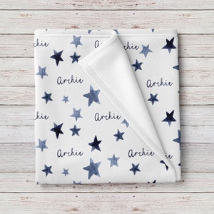 Navy Blue Stars Unisex Personalized Baby Blanket, Custom name baby shower gift