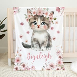 Cute kitten floral Custom Name Baby Blanket - Personalized Girls Gift - pink
