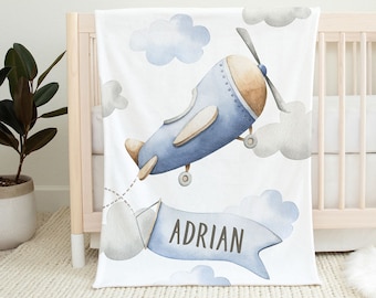 Custom Name Retro Airplanes Baby Boy Blanket, Personalized Aeroplane Baby Shower Gift