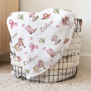 Cowgirl Western Pink Personalized Baby Girl Name Blanket, Shower Gift