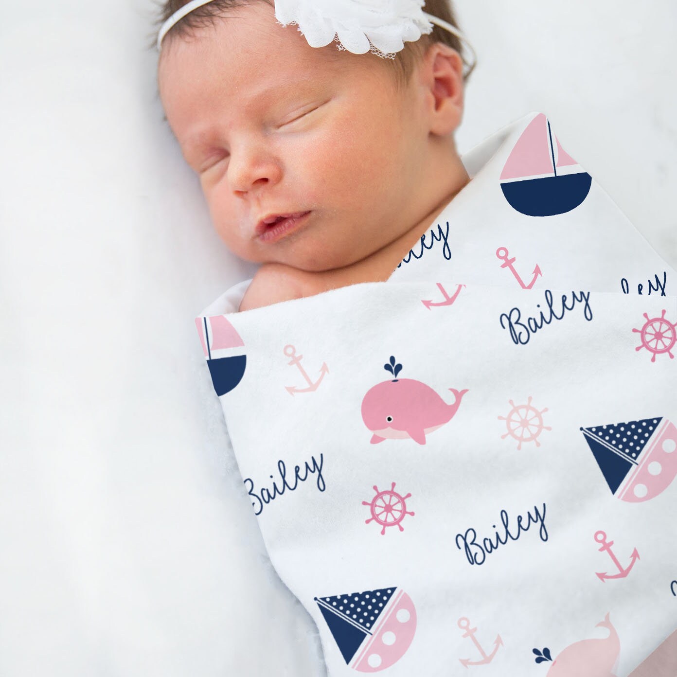 Personalized Nautical Fleece Baby Blanket - Navy & Pink Sailboat Design 30x40 Inches