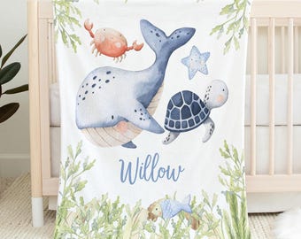 Under the sea ocean Personalized Baby Blanket - Custom Name Blanket for Unisex -  Shower Gift