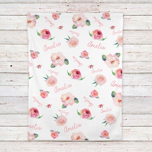Personalized Baby Girl Name Blanket, Floral watercolor print coralBB115 image 9