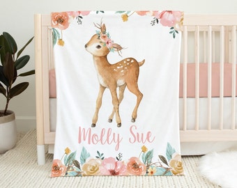 Personalized Deer Floral Baby Girl Name Blanket, Custom baby shower gift