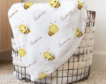 Cute Bees Unisex Personalized Baby Name Blanket, Custom Yellow Bee Baby Shower Gift,