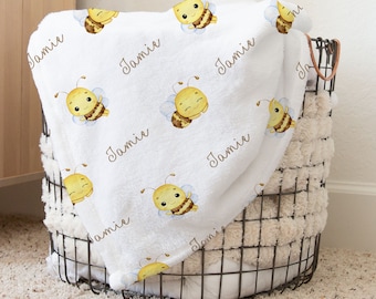 Cute Bees Unisex Personalized Baby Name Blanket, Custom Yellow Bee Baby Shower Gift,