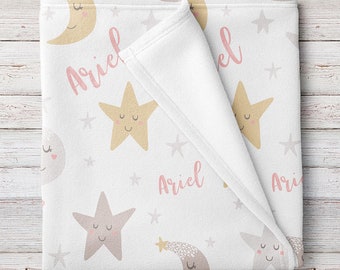 Personalized Stars and Moon Fleece Baby Girl Blanket (BB302)