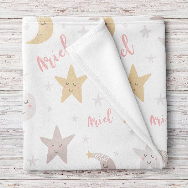 Personalized Stars and Moon Fleece Baby Girl Blanket (BB302)