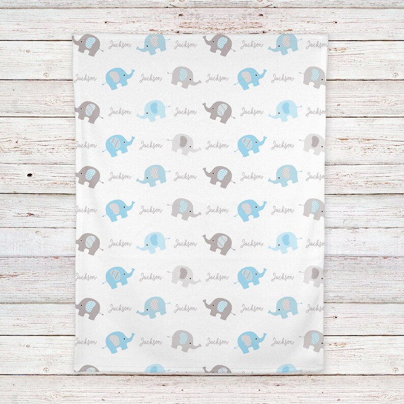 Personalized Elephant Fleece Baby Blanket Blue and Gray Boys Etsy
