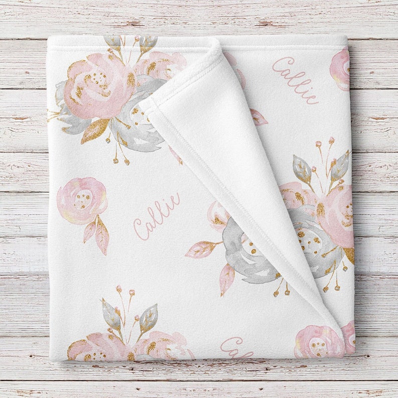 Personalized Baby Girl Name Blanket Pink and Gray Floral Etsy