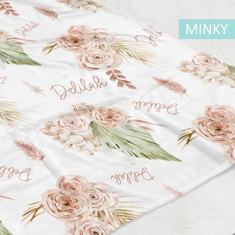 Boho Pink and Brown Floral Personalized Baby Girl Name Blanket, Shower Gift image 4