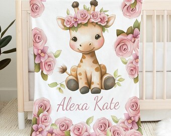 Giraffe pink Custom Name Baby Blanket - Personalized Girl Gift -