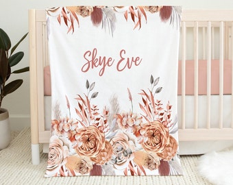 Custom Boho Caramel Floral Baby Girl Name Blanket, Personalized baby shower gift