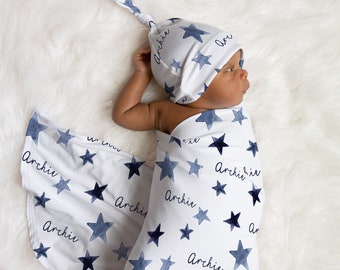 Personalized Baby Swaddle Blanket and Hat, Boy Gift, Navy Blue Stars