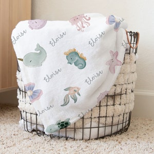 Simpatici animali dell&#39;oceano sotto il mare Coperta con nome bambina personalizzata, regalo personalizzato per baby shower