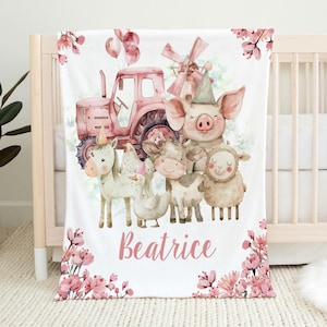 Custom Farm animals Baby Blanket - Personalized Name Blanket for Girls - pink Shower Gift
