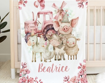 Custom Farm animals Baby Blanket - Personalized Name Blanket for Girls - pink Shower Gift