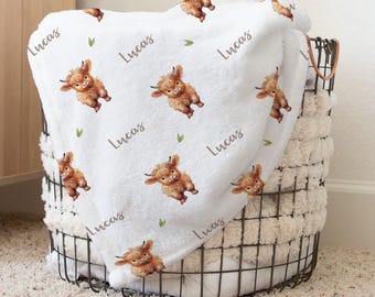 Highland Cow Personalized Baby Name Blanket, Custom Shower Gift