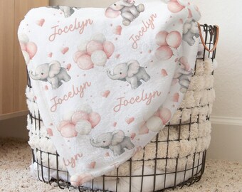 Elephants balloons Custom Name Baby Blanket - Personalized Girl Gift - pink gray