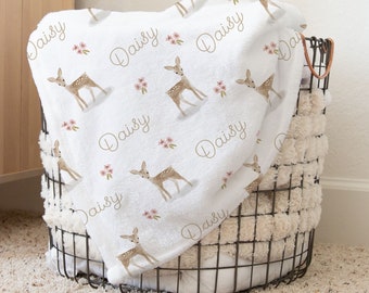 Pretty Woodland Deer Baby Girl Personalized Name Blanket