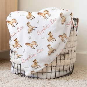 Personalisierte Ponys Pferde Baby Mädchen Namensdecke, individuelles Babypartygeschenk