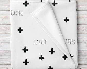 Personalized Modern Black and White Cross Print Baby Blanket (BB286)