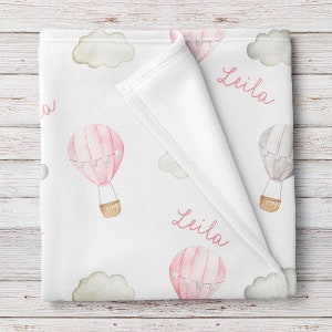 Pink Hot Air Balloons Personalized Baby Girl Blanket (BB326)