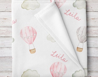 Pink Hot Air Balloons Personalized Baby Girl Blanket (BB326)