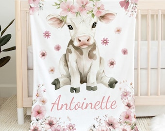 Baby cow calf farm Custom Name Baby Blanket - Personalized Girls Gift - pink