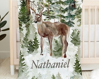 Forest Deer Personalized Baby Blanket - Custom Name Blanket for Boys -  Shower Gift
